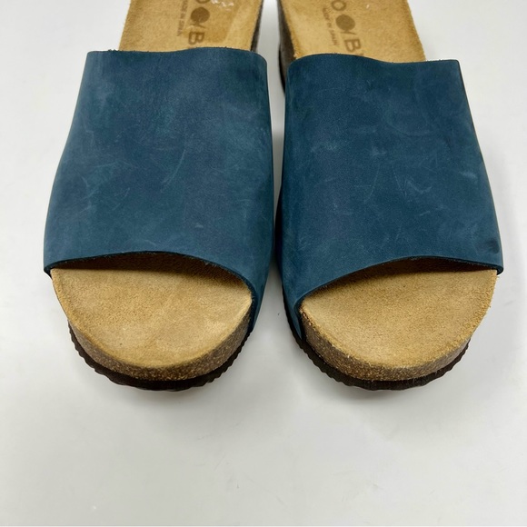 Bio Bio Platform Wedge Platform Sandals Blue Leather Cork Slip On Shoes Size 9.5 - Picture 4 of 11
